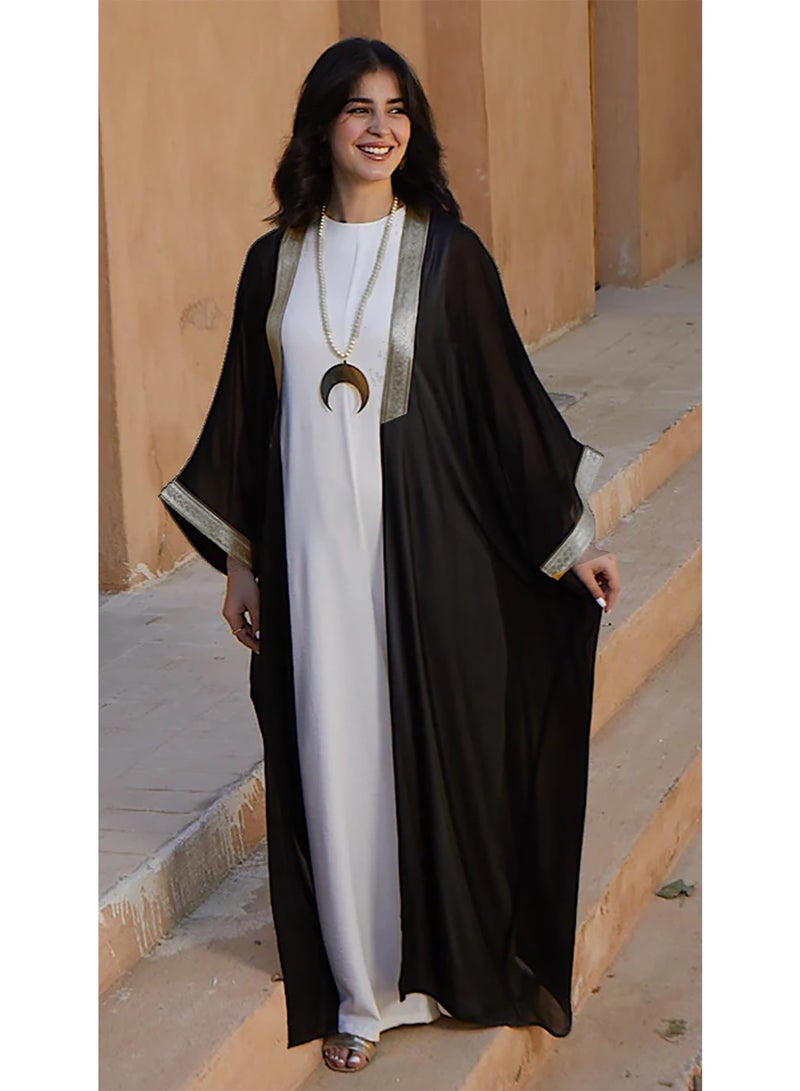 SunSet Kaftan Abaya Silver Embroidered Chiffon Sunset black - Image 2